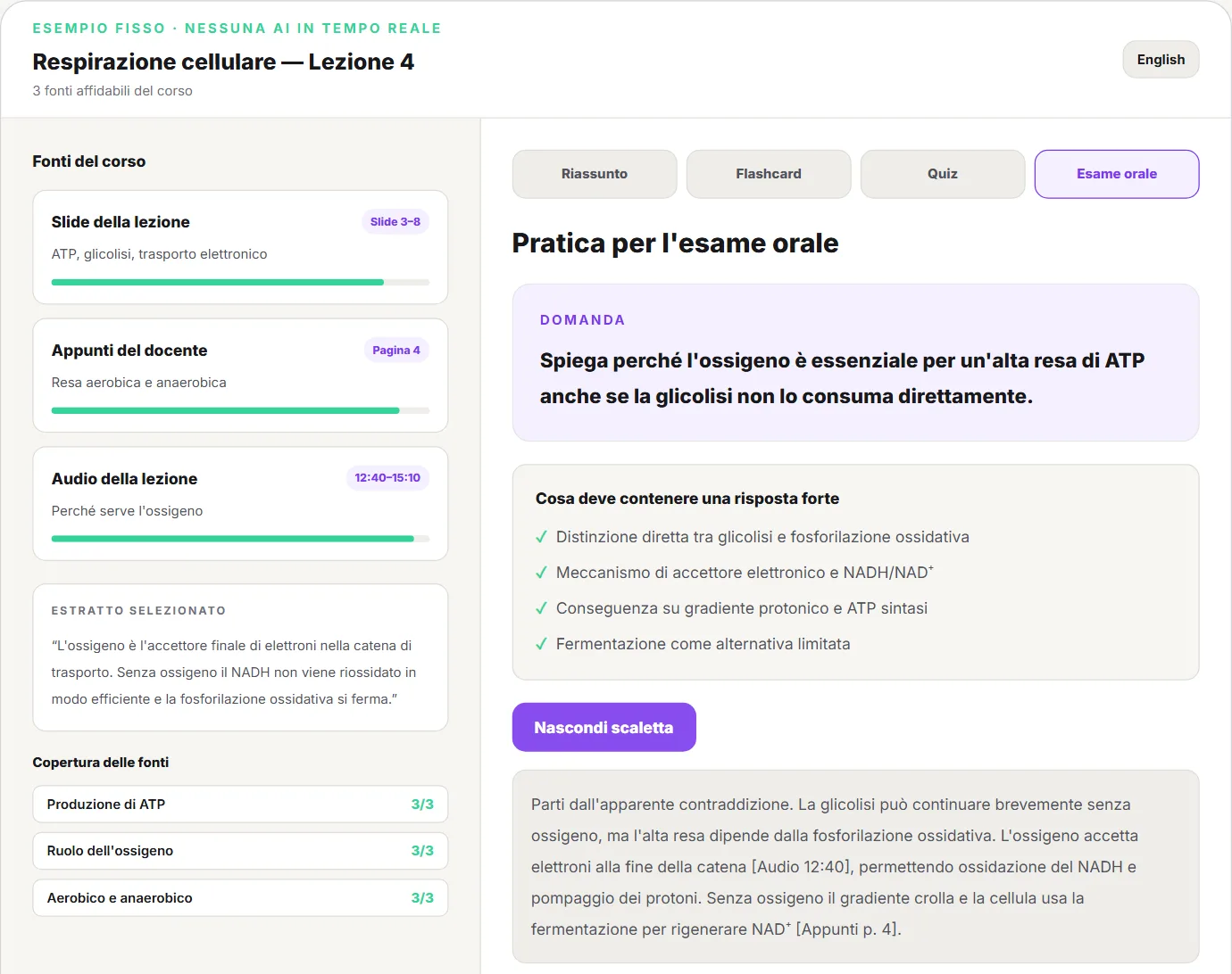 Schermata della demo di Memoniq nella scheda Esame orale: a sinistra le tre fonti del corso (slide, appunti del docente, audio della lezione), a destra la domanda sull'ossigeno e la resa di ATP, i quattro punti che deve contenere una risposta forte e una scaletta modello con i riferimenti all'audio e agli appunti