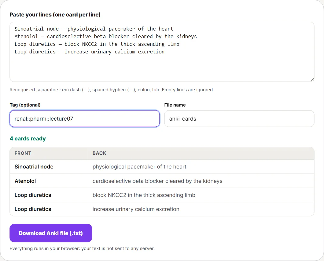 Memoniq Slides to Anki converter with four pasted lines (sinoatrial node, atenolol, and two loop diuretic facts), the tag renal::pharm::lecture07, a preview table of four Front and Back cards and a Download Anki file button