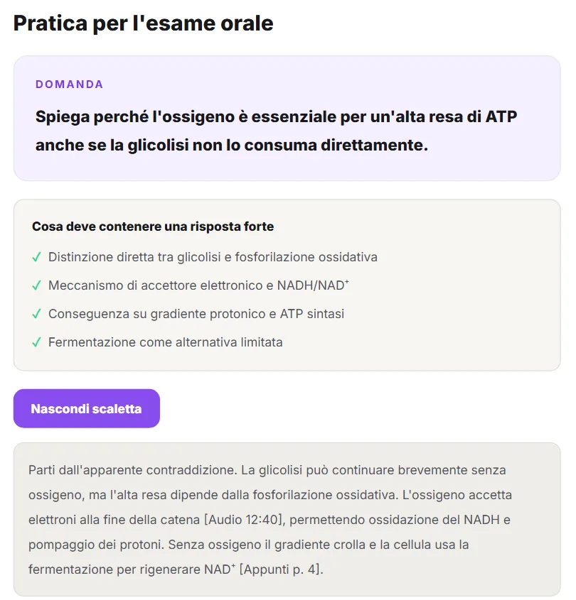 Pannello Pratica per l'esame orale della demo di Memoniq: una domanda sul ruolo dell'ossigeno nella resa di ATP, l'elenco di cosa deve contenere una risposta forte e una scaletta modello con i riferimenti all'audio della lezione e agli appunti del docente