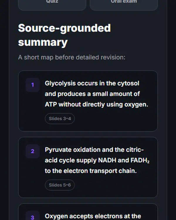 Recording of the Memoniq demo: source-based summary, written-exam quiz and an oral-exam question